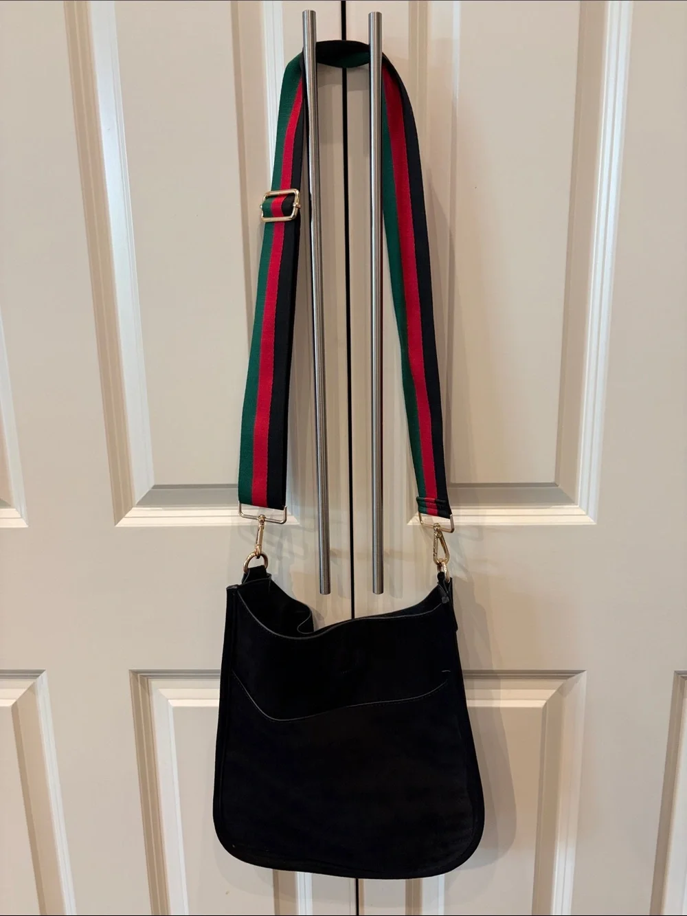 Vegan Suede Black Messenger Bag with Crossbody Strap Black w/ Black/Red/Green